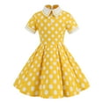 thumbnail image 1 of HNMKIU Retro Polka Dot Girls Dress Short Sleeve Turn Down Collar Swing Style Party And Performance Outfit Yellow,7-8 Years, 1 of 8