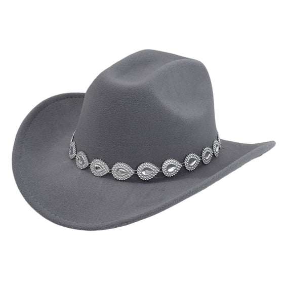 HNMKIU Retro Western Cowboy Hat for Men and Women with Metal Drops Gemstone Net Design Chain for Parties and Fashion Events Cowboy Hats for Men 03_Grey,One Size