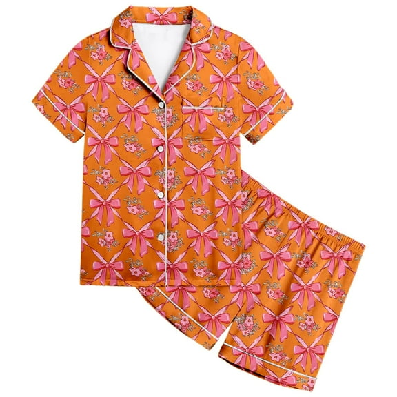 HNMKIU Satin Pajama Set for Girls Classic Button Down Top with Comfortable Shorts Soft Loungewear for Kids Cozy Sleepwear Outfit Orange,12-13 Years