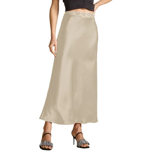 HNMKIU Satin Silk Maxi Skirt with Lace High Elastic Waist for Party and Wedding for Women Z11047-Beige,S