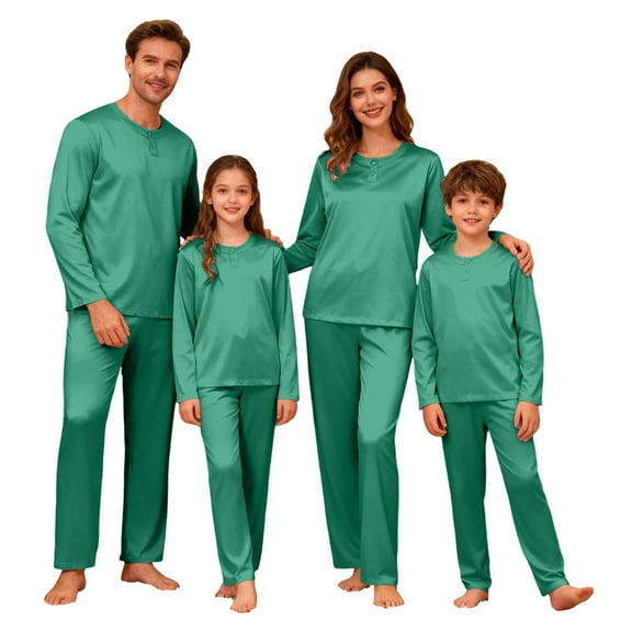 HNMKIU Satin Silk O-Neck with Button Pajamas Set Two-Piece Christmas Pajamas for Family Long Sleeve Sleepwear Loungewear Nightwear Pants for Kids Green,Kids_130