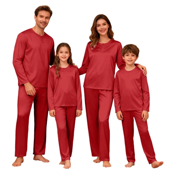 HNMKIU Satin Silk O-Neck with Button Pajamas Set Two-Piece Christmas Pajamas for Family Long Sleeve Sleepwear Loungewear Nightwear Pants for Kids Red,Kids_110