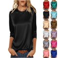 thumbnail image 1 of HNMKIU Satin Smooth Women Round Neck Three Quarter Sleeve Top Solid Color Satin Soft Comfy Spring Summer Casual Pullover Tee Black,L, 1 of 8