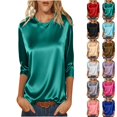 thumbnail image 1 of HNMKIU Satin Smooth Women Round Neck Three Quarter Sleeve Top Solid Color Satin Soft Comfy Spring Summer Casual Pullover Tee Green,S, 1 of 9