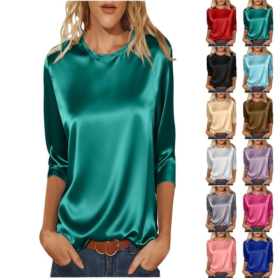 HNMKIU Satin Smooth Women Round Neck Three Quarter Sleeve Top Solid Color Satin Soft Comfy Spring Summer Casual Pullover Tee Green,S