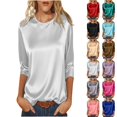 thumbnail image 1 of HNMKIU Satin Smooth Women Round Neck Three Quarter Sleeve Top Solid Color Satin Soft Comfy Spring Summer Casual Pullover Tee White,L, 1 of 9