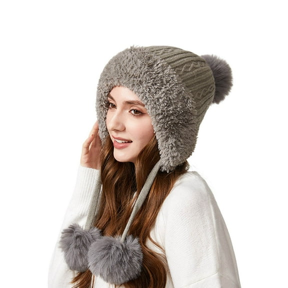 HNMKIU Winter Warm Knitted Hat with Ear and Adjustable Triple Ties for Cold Weather Outdoor Activities Grey,One Size