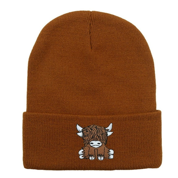 HNMKIU Scottish Cow Beret Hat and Gloves Set Cute Knitted Winter Warm Unisex Hop Cap Brown,One Size