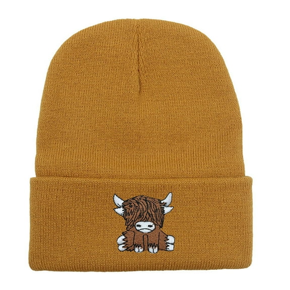 HNMKIU Scottish Cow Beret Hat and Gloves Set Cute Knitted Winter Warm Unisex Hop Cap Khaki,One Size