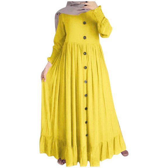 HNMKIU Seasonal Linen Retro Casual Maxi Dress Oversized Round Neck Ruffle Hem for Plus Sizes Maxi Dresses for Women Yellow,S