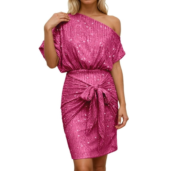 HNMKIU Elegant One Shoulder Sequin Party Dresses for Women with Ruffle Detail Formal Evening Gown RD4,S