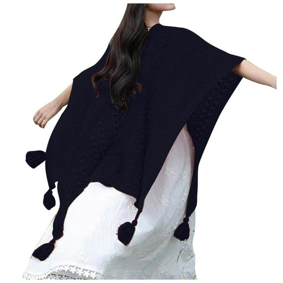 HNMKIU Shawl For Women Winter Knitted Cardigan Casual Poncho Cape Open Front Sweater With Tassels 5314x6889 Inch Black,One Size