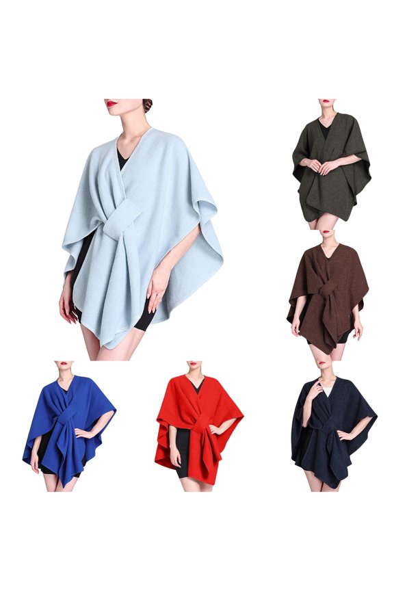 Shawl Top Ladies Autumn Winter Imitation Collar Hooded Shawl Cape Woolen Coat Large Size Cardigan Light Blue,One Size