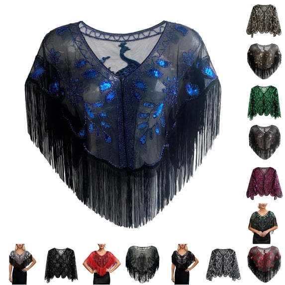 HNMKIU Shawls for Women Sequin Beaded Shawl Wraps, Women 1920s Flapper Fringe Cape Mesh Wedding Cover Up for Evening Party Prom Blue-2,One Size