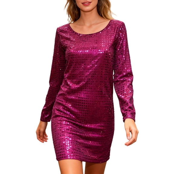 HNMKIU Shiny Sequin Bodycon Performance Mini Dress with Long Sleeve Stretchy Round Neck Party Outfit 03_Hot Pink，One Size