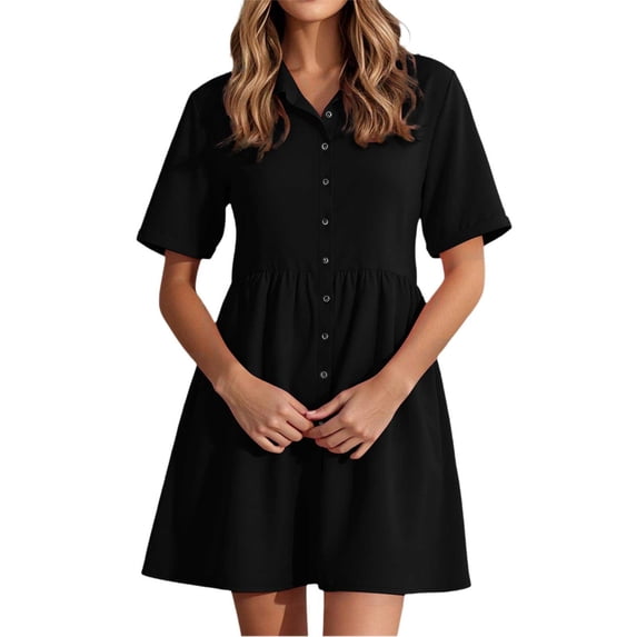 HNMKIU Shirt Collar Flared Hem A Line Dresses for Women Button Down Casual Loose Fit Summer Dress for Women Black,L