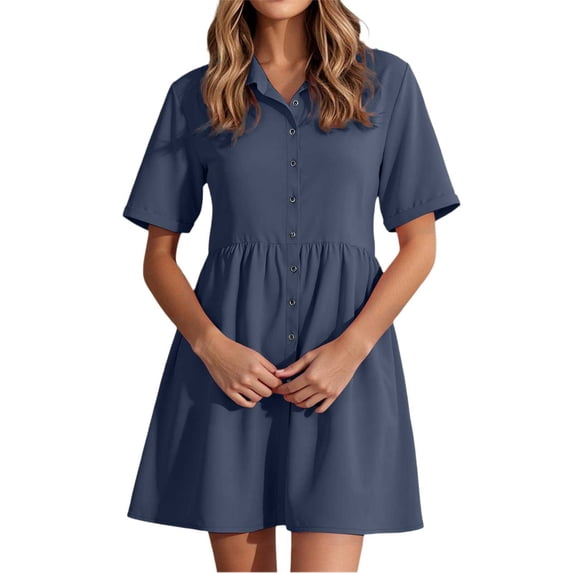 HNMKIU Shirt Collar Flared Hem A Line Dresses for Women Button Down Casual Loose Fit Summer Dress for Women Grey,M