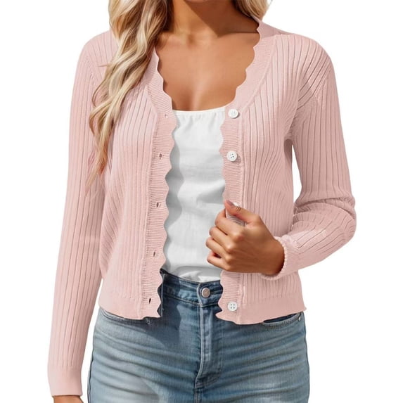 HNMKIU Short Cardigans for Women Fashion V-Neck Scalloped Edge Design Cropped Knit Sweater Button Up Casual Lightweight Spring Top Z10013-Light Pink,XXL