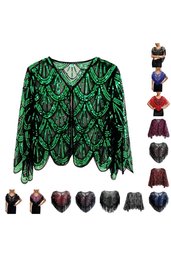 Shoulder Shawl Wrap Women Fringe Mesh Cape Wraps, Women Sparkly Beaded Sequin Shawl Party Wedding Evening Cover Up Green-1,One Size