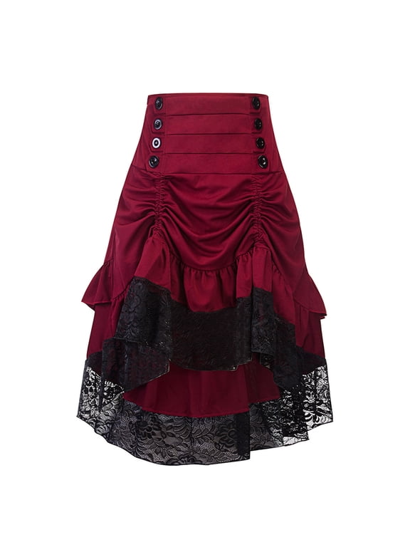 Skirt Gothic Lace Patchwork Skirt for Women Halloween Party Dress Elegant Midi Length with Adjustable Waistband and Flowing Hemline Red - M
