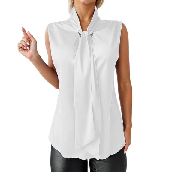 GPOECD Sleeveless Blouses for Women Elegant Satin Camisole with Bow Tie Detail V Neck Casual Tank Top Womens Tops White,M