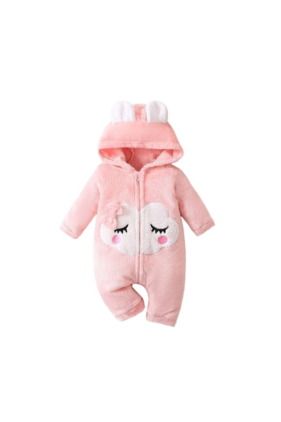 Soft Cloud Print Girls Romper And Jumpsuit For Autumn Winter Cozy Bow Detail Baby Comfort Outfits Pink,0-3 Months