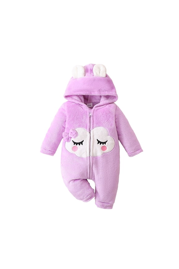 Soft Cloud Print Girls Romper And Jumpsuit For Autumn Winter Cozy Bow Detail Baby Comfort Outfits Purple,6-9 Months