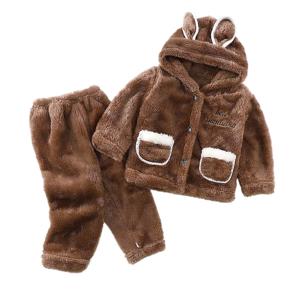 HNMKIU Soft Flannel Hooded Pajama Set Winter Warm Sleepwear Cozy Pants Toddler Pajamas for Girls Kids Youth Children 02_Coffee,18-24 Months