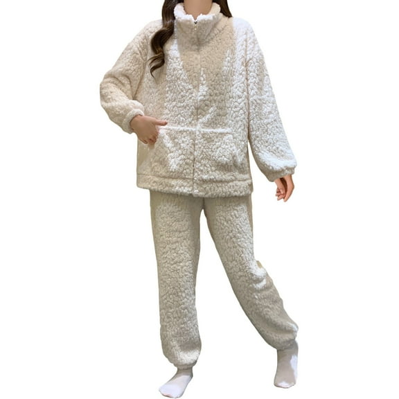HNMKIU Soft Winter Flannel Pajamas for Women Cozy Long Sleeve Thermal Sleepwear with Elegant Jacquard Pattern Comfortable Loungewear Two Piece Outfit for Cold Nights 01_Beige,M