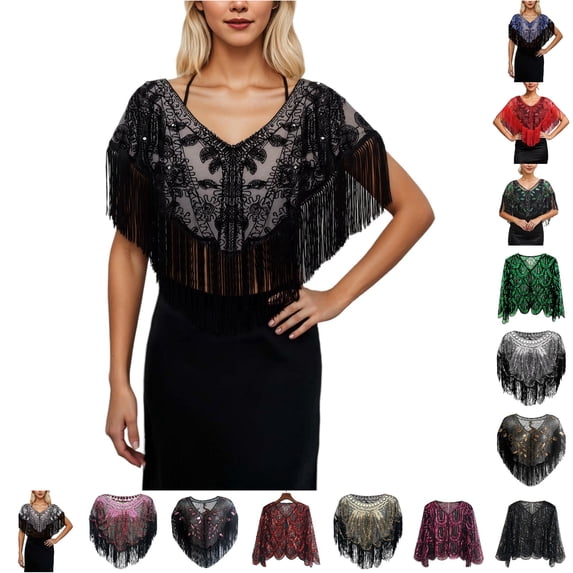 HNMKIU Soft Wrap Shawl Ladies Wedding Bridal Cape Cover Up, Ladies 1920s Flapper Sequin Beaded Fringe Mesh Shawl Wraps for Formal Banquet Black-5,One Size