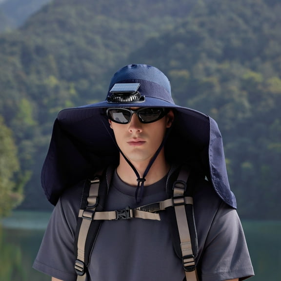 HNMKIU Solar Powered Fan Bucket Hat with UPF50  Sun Wide Brim for Outdoor Summer Activities Navy,One Size