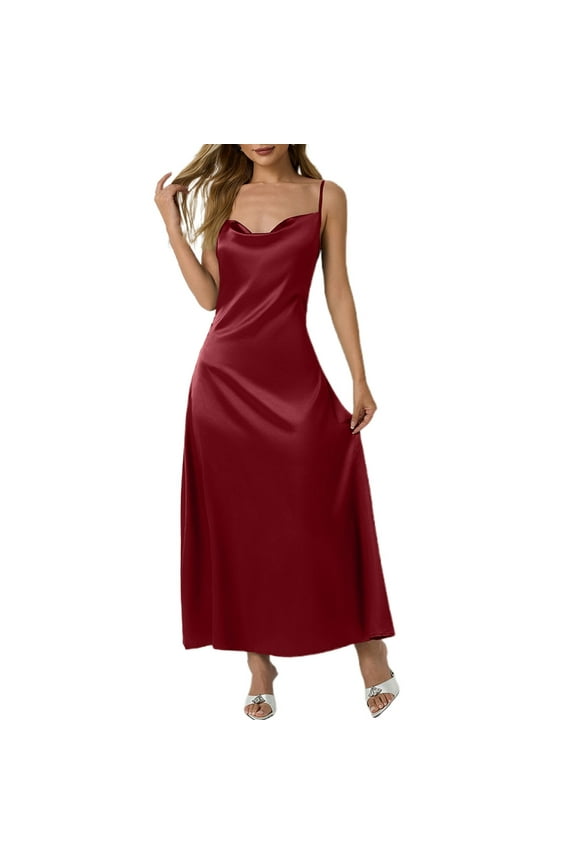 Solid Color Clasp Detail Long Dress for Women Fashionable Evening Beach Resort Maxi Dress Brick Red,L