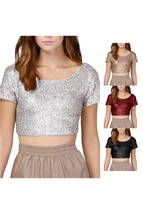 Sparkling Sequins Backless Crop Top Multicolor T Shirt