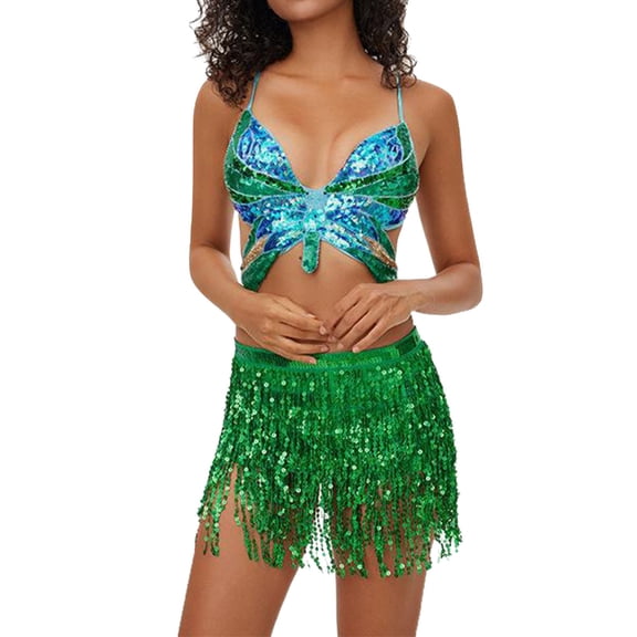 HNMKIU Sparkly Two Piece Outfits for Women Elegant Sequin Fringe Print Top with Stylish Mini Skirt for Party and Carnival Wear 01_Green,One Size