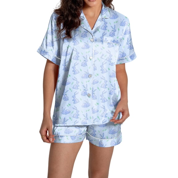 HNMKIU Spring Sleepwear Set For Women Cute Heart Shaped Rabbit Short Sleeve Button Down Shirt Pajamas Shorts Soft Holiday Pajamas Easter Sleepwear Cute Pajamas Set Light Blue,S