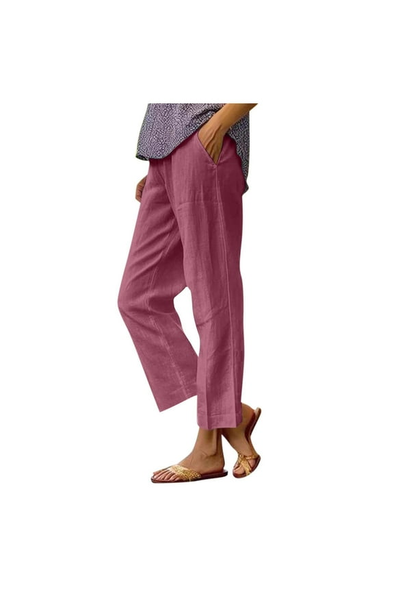 Straight Leg Pants Women Summer Casual Fashion Loose Solid Color Elastic Waist Pant With Pocket Purple,S