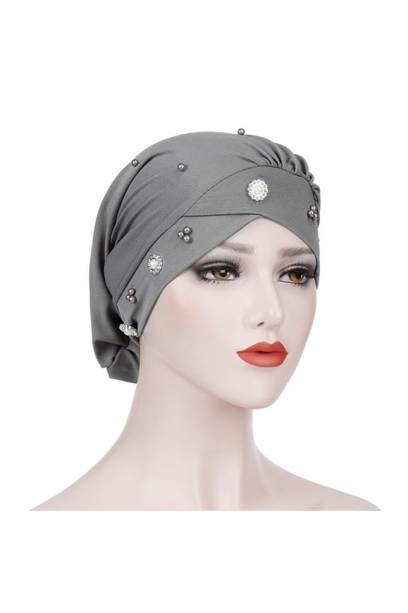 Stylish Beaded Turban Night Cap for Women Chemotherapy Forehead Cover Comfortable Baseball Hat Grey,One Size