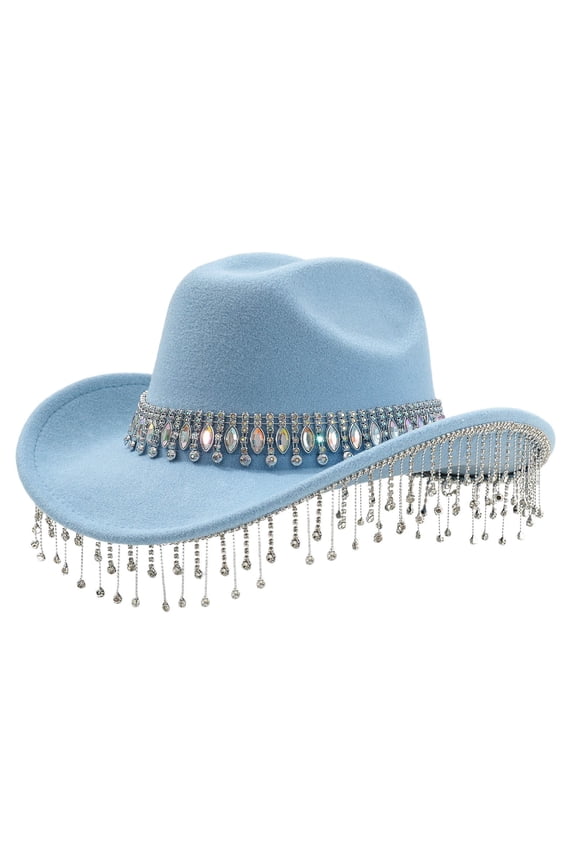 Stylish Cowboy Hat for Women with Large Round Gemstone Fringe Rhinestone Decorations for Parties and Western Events Women's Hats & Caps 01_BU2,One Size