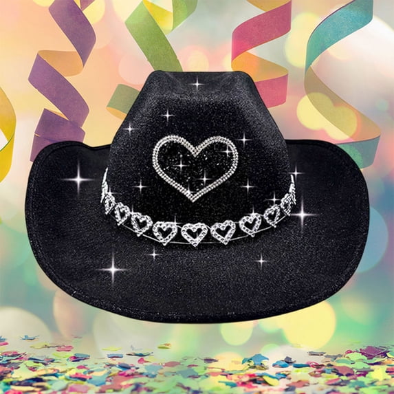 HNMKIU Stylish Denim Cowboy Hat with Heart Trim Design for Stage Shows and Festive Events Black,One Size