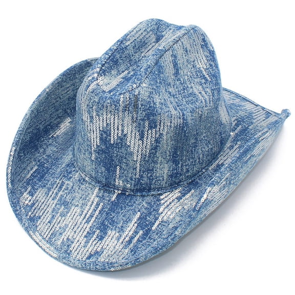 HNMKIU Stylish Flat Top Sequin Cowboy Hat for Outdoor Travel and Street Fashion Dress Wear Blue,One Size