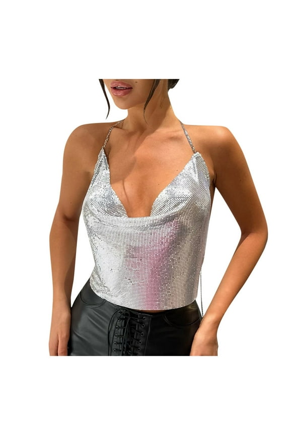 Stylish Metal Sequin Chain Strap Crop Top for Women | Glitter Sleeveless Blouse | Party Wear Design,Size One Size