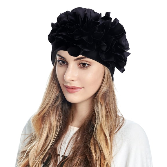 HNMKIU Stylish Slouchy for Women Floral Design Casual Comfort Headwear Soft Turban Hat Black,One Size