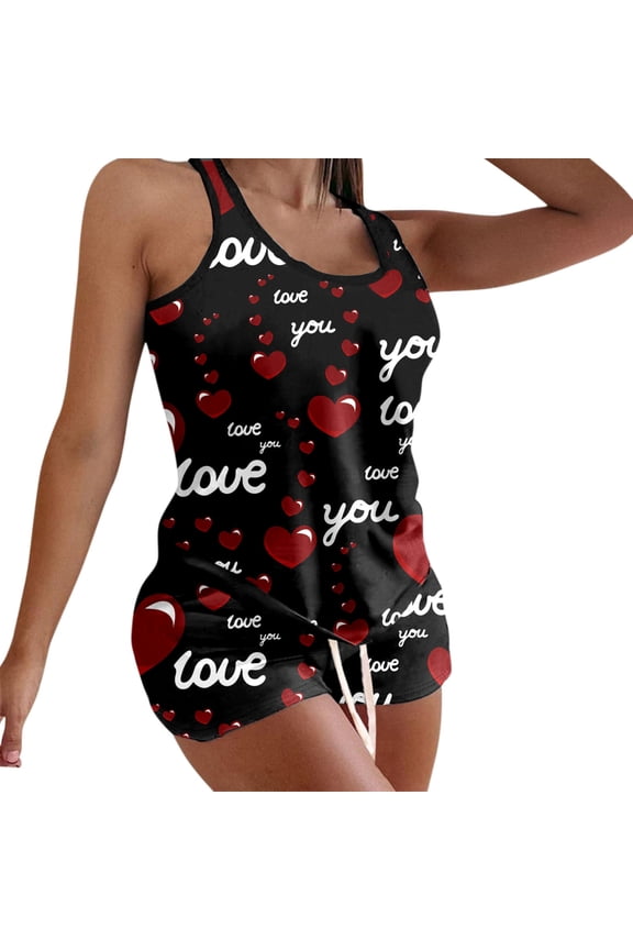 Stylish Valentine's Day Matching Set for Women Featuring Sleeveless Vest and Printed Casual Trousers Red,L
