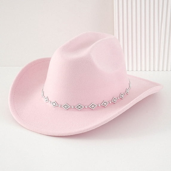 HNMKIU Stylish Western Cowboy Fedora Hat For Adults Featuring Bohemian Rhinestone And A Classic Curved Brim Pink,One Size