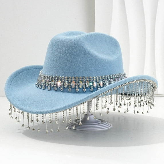 HNMKIU Stylish Western Cowboy Hat For Women Men Featuring Large Round Gemstone Fringe Rhinestone Decorations Ideal Party Event Accessory BU2,One Size