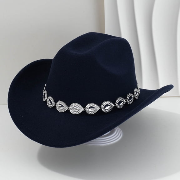 HNMKIU Stylish Western Cowboy Hat with Gemstone and Metal Chain Detail for Fashionable Events Navy,One Size
