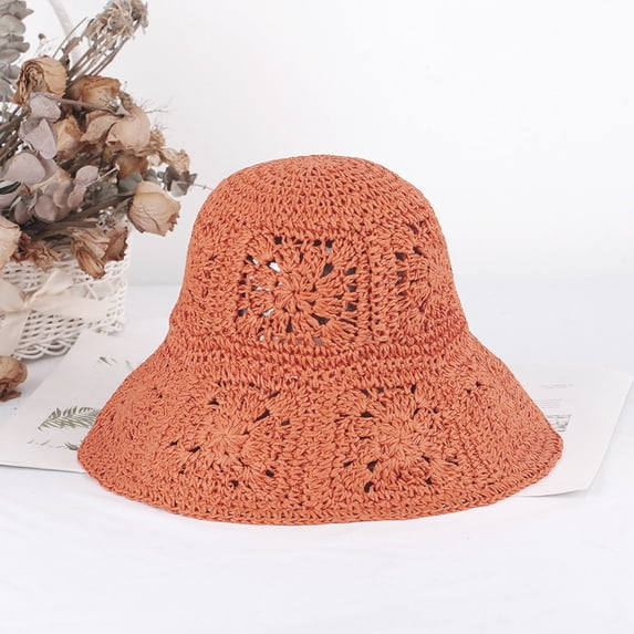 HNMKIU Stylish Women's Floral Woven Straw Sun Hat Boho Beach Accessory Foldable Crochet Bucket Cap Orange,M