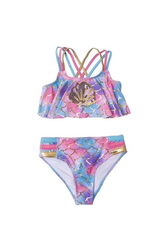 Summer Gradient Bikini Swimsuit Set For Girls With Ll Sequins And Print Kids' Swimwear Pink,4-5 Years
