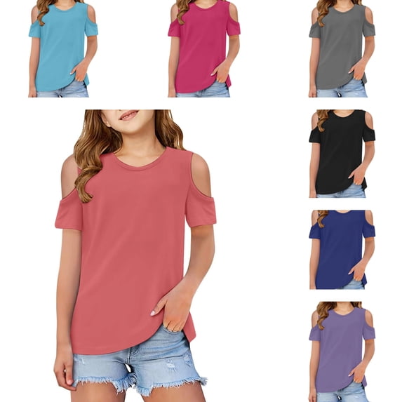 HNMKIU Summer Tops Girls Short Sleeve Off Shoulder Tee Solid Basic Casual Daily Blouse for Kids