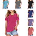 thumbnail image 1 of HNMKIU Summer Tops Girls Short Sleeve Off Shoulder Tee Solid Basic Casual Daily Blouse for Kids, 1 of 5